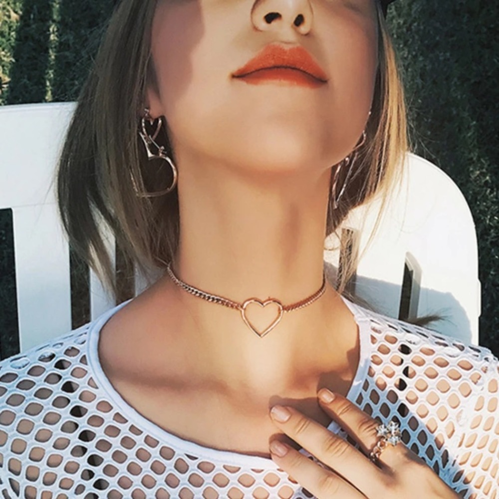 Gold Heart Chunky Chain Choker Necklace